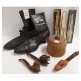Group high top shoes, butter mold, letter opener,