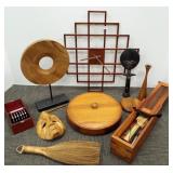 Group of mid-century etc. woodware, wall clock