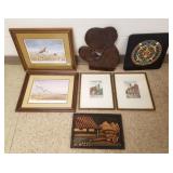 2 framed signed Kouba prints & 3 wood plaques