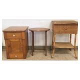 Oak small bonnet chest, bamboo sewing stand,