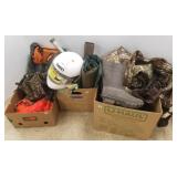 Group of rubber boots, waders, fishing rod, S