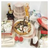 Group including decanter set, china, Christmas,