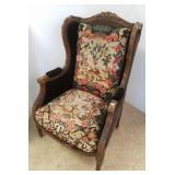 Needlepoint upholstered wing back chair