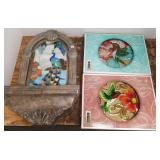 Leaded glass wall fountain & 2 glass trays