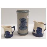Sleepy Eye stoneware vase (hairline) & 2 small