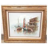 Framed signed Luini oil on canvas- harbor- 16" x