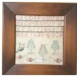 Framed needlework sampler- 10" square