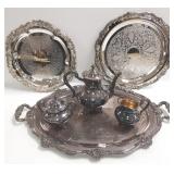 Ornate silver plate trays, tea set, etc.