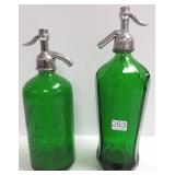 2 green etched seltzer bottles