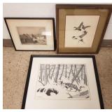 3 framed pencil signed etchings, etc.