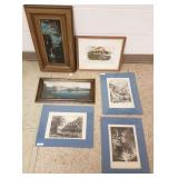 Antique framed oil on board, unframed prints, etc.