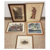 5 framed colored lithos