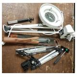 Magnifying lamp & group of tripods, etc.