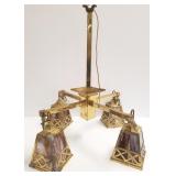 Antique Mission brass chandelier with slag glass