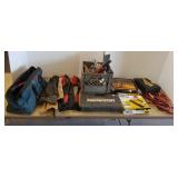 Assortment of tools, jumper cables, bolt cutters,