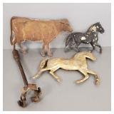 4 vintage metal items: 3 weathervane animals (as