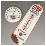 2 advertising thermometers: Beacon Feeds & Wagner