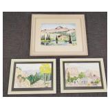 3 framed watercolors: mountains, etc.- 1 signed