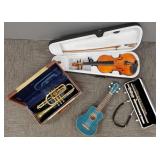 4 instruments:  Roth trumpet in case, violin w/