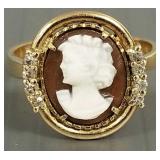 Tested 14k gold cameo ring w/ diamonds: 6.0g,