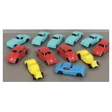 12 vintage Tootsie toy cars incl Jaguar, VW bugs,