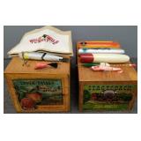 2 wooden advertising crates w/ large fishing lures