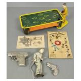 Vintage toys incl tin billiard toy (as is),