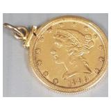 US 1899 $5 gold coin set in 14k bezel- 9.7g