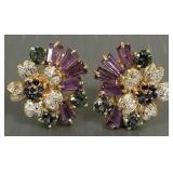 14k gold earrings s/w diamonds & colored stones: