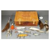 Gp fishing lures, etc. in a wooden crate incl side