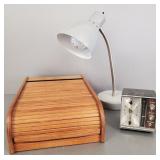 3 mid-century desk top items: transistor radio/