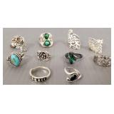 10 sterling rings- some set with stones