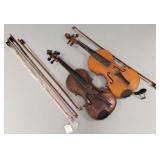 2 violins in cases w/ 4 bows: Henry Farny &