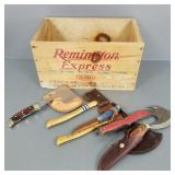 Gp of hatchets, knives, some holsters, etc. in a