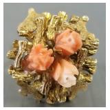Pr. tested 14K gold artisan ring s/w carved coral