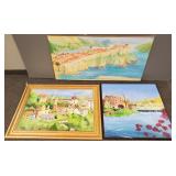 3 large oil paintings on canvas- cityscapes, etc.-