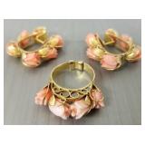 Tested 14K gold earrings & ring s/w carved coral