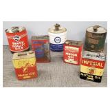 7 oil cans incl Imperial, Skelly, etc.- 5 gallon,