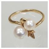 Mikimoto 14K gold ring set with 2 pearls- 6mm the