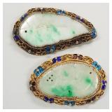 2 vintage jade brooches set in gilt silver with