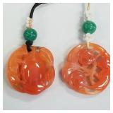 2 antique carved red hardstone pendants with fox