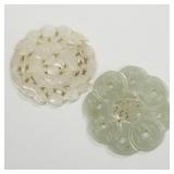 2 antique carved jade discs: 1 pierced coin motif