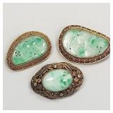 3 vintage jade brooches set in gilt silver- 1 1/2'