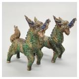 Pair large Asian glazed pottery temple guardians-