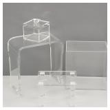 4 small lucite pieces incl stool, 4 legged stand,