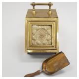 Antique Victorian brass coal scuttle with shovel-
