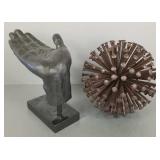 2 large decorative metal sculptures: hand &