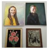 4 artworks: 2 girl oil portraits, vintage needle-