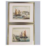 2 vintage watercolors: harbor scenes- framed