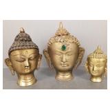 3 brass Buddha heads- 9'H tallest